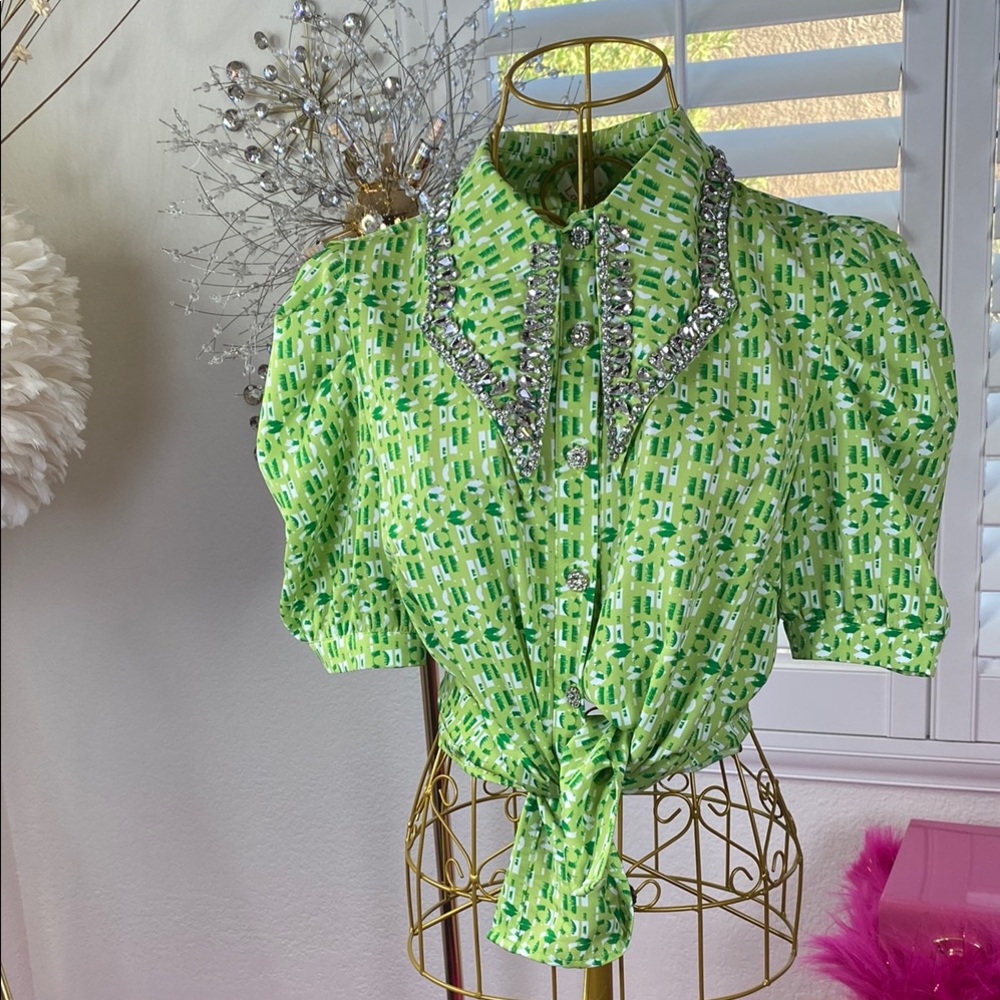 Embellished Rhinestone Collar Puff Sleeve Button-Up Top